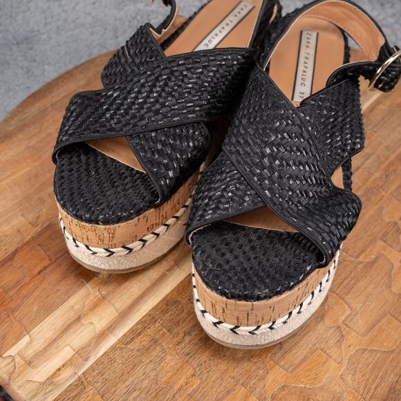 Zara Trafaluc Black Woven Cork Contrast Wedge Platform Sandals Size 37 - Picture 3 of 7
